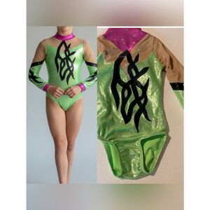 Ozone gymnastics green competition long sleeve custom leotard rhinestone YXS